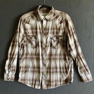 Canyon River Blues Shirt Men Sz L Pearl Snap Plaid Beige/Tan Long Sleeve Western